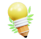 A stylized yellow light bulb with a white base surrounded by green leaves