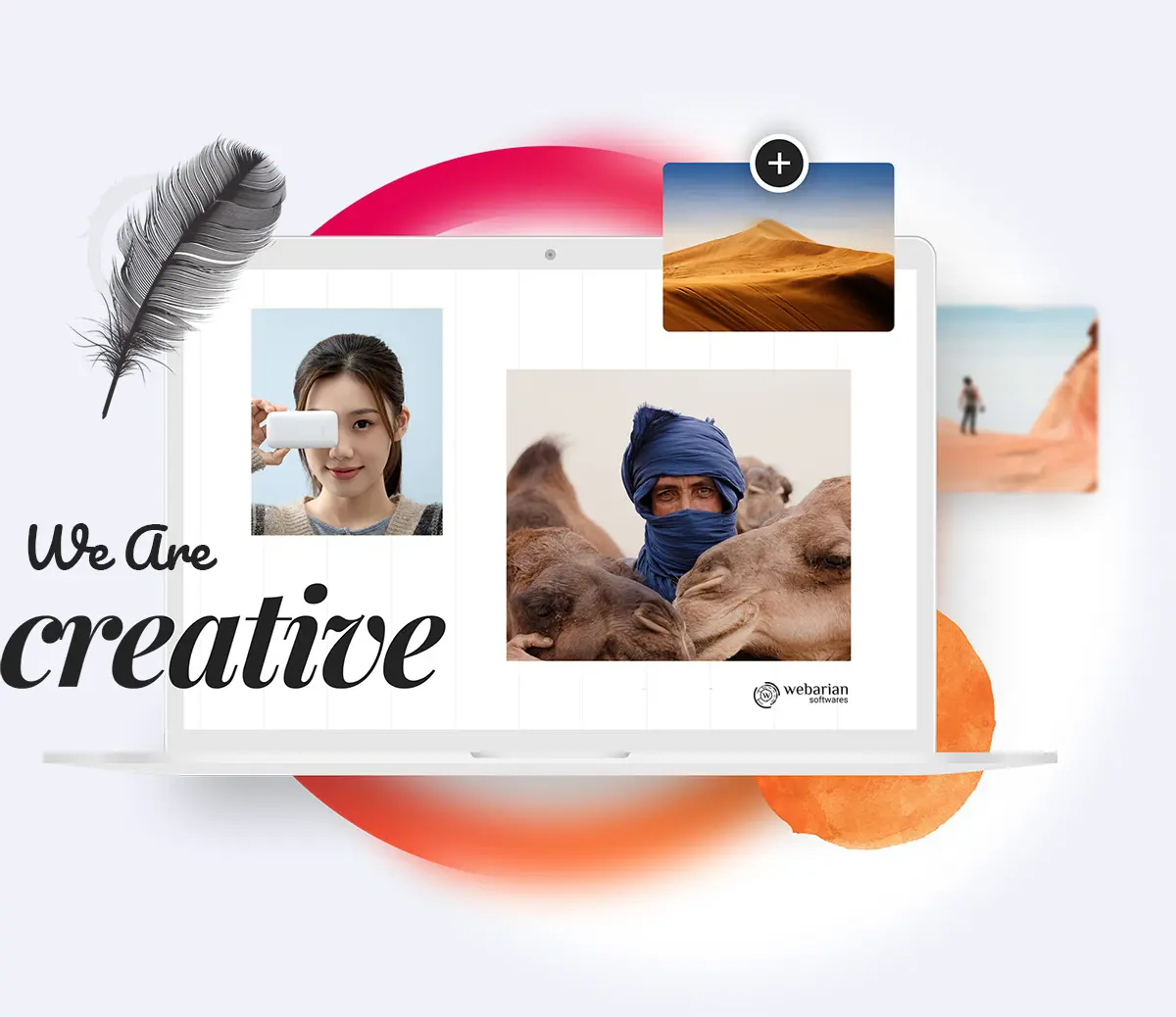 A creative workspace with a laptop displaying images of camels, a desert landscape