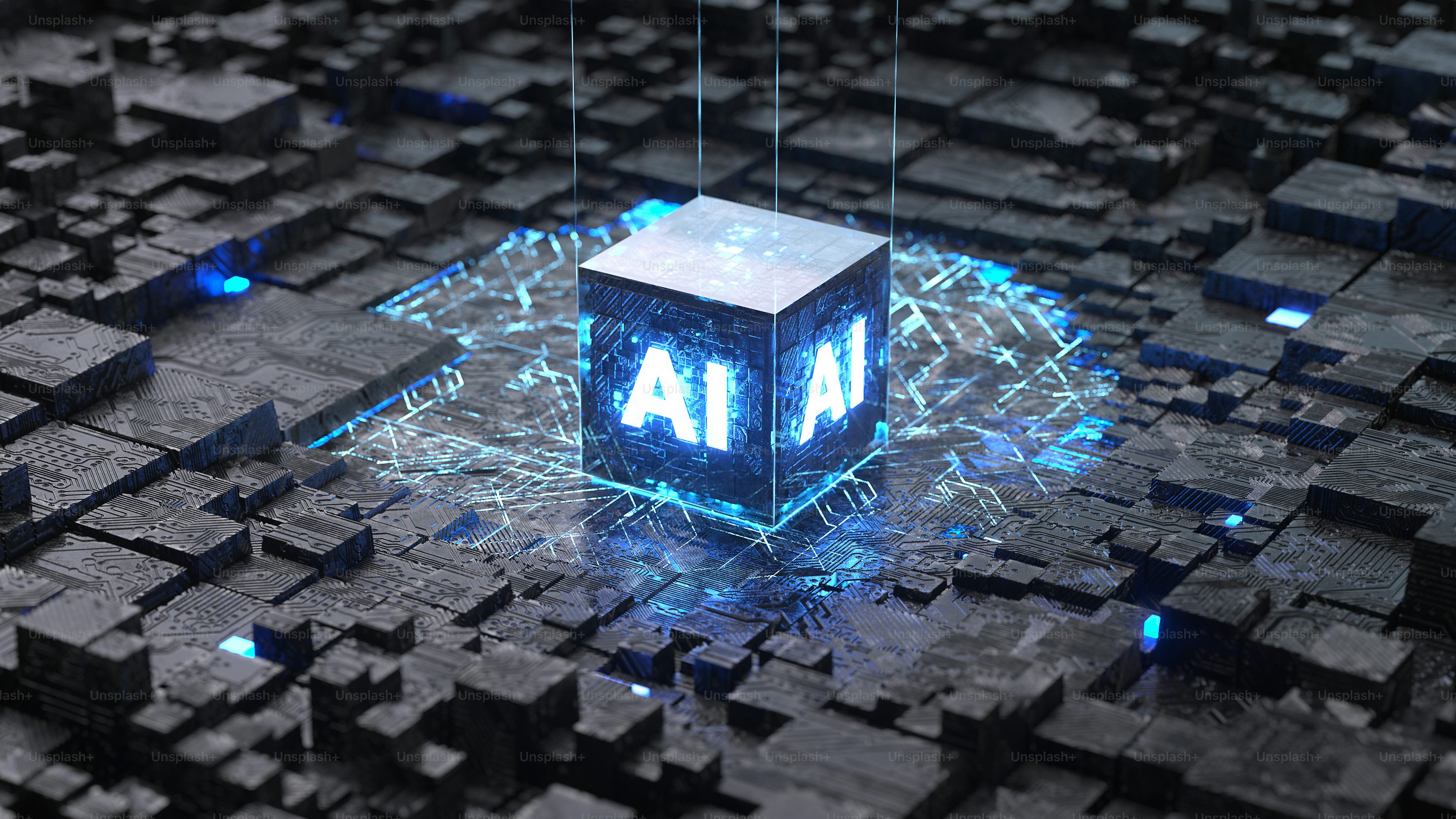 A glowing cube labeled AI