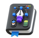 stylized design notebook featuring a pen tool, colorful shapes, and a blue bookmark