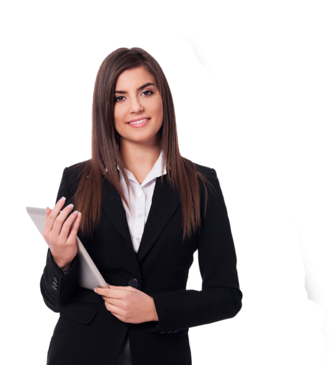 A professional woman in a black suit, with a speech bubble Have an Idea or Project?